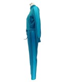 Blue Zipper Open Turtleneck Long Sleeve Top And Pant 2PCS Set