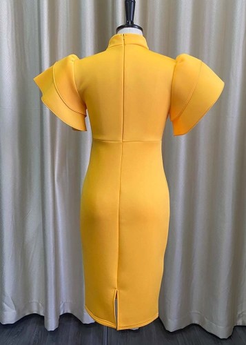 Yellow Flounce Midi Neck Short Sleeve Midi Skinny Dress