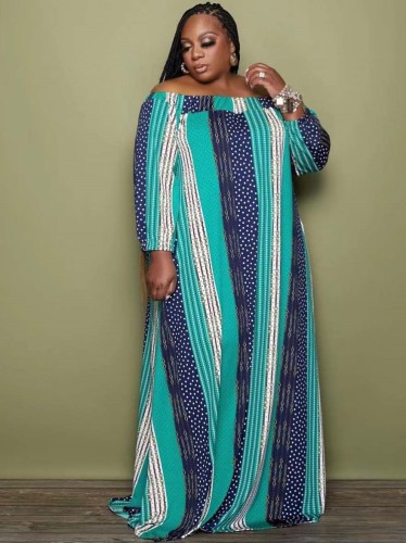 Plus Size Stripe Print Off Shoulder Long Sleeve Loose Maxi Dress