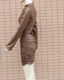 Brown Pu Leather Ruched High Neck Long Sleeve Skinny Mini Dress