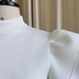 White Flounce Midi Neck Short Sleeve Midi Skinny Dress