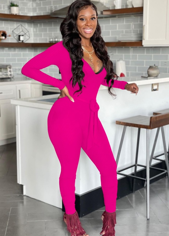 Rose U-Neck Long Sleeves Fitted Jumpsuit with Belt