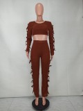 Brown O-Neck Hollow Out Backless Knotted Crop Top and Pants 2PCS Set