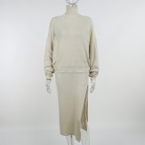 Apricot Turtleneck Long Sleeve Drop Shoulder Top and Long Slit Skirt 2PCS Set