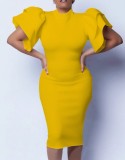 Yellow Flounce Midi Neck Short Sleeve Midi Skinny Dress