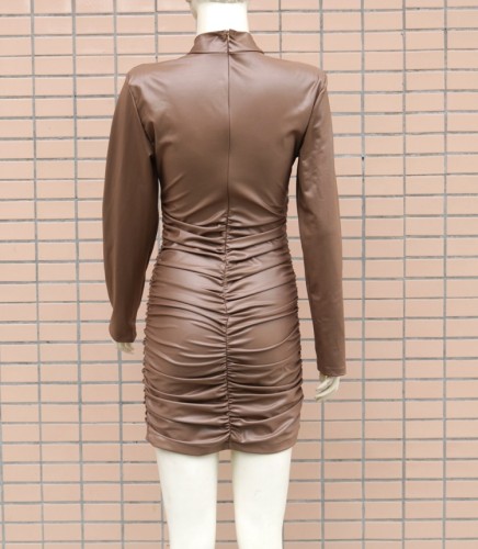 Brown Pu Leather Ruched High Neck Long Sleeve Skinny Mini Dress
