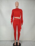 Red Long Sleeve Midi Neck Crop Top and High Waist Pants 2PCS Set