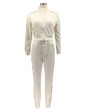 Beige Zipper Open Turtleneck Long Sleeve Top And Pant 2PCS Set