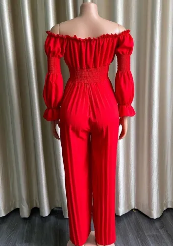 Red Off Shoulder Lantern Sleeve Wide Leg Pleated Jumpsuit