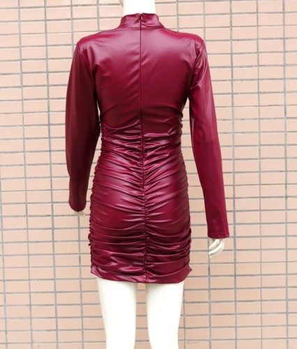 Red Pu Leather Ruched High Neck Long Sleeve Skinny Mini Dress