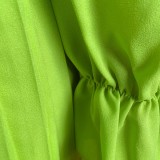 Green Off Shoulder Lantern Sleeve Wide Leg Pleated Jumpsuit