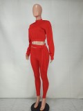 Red Long Sleeve Midi Neck Crop Top and High Waist Pants 2PCS Set