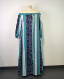 Plus Size Stripe Print Off Shoulder Long Sleeve Loose Maxi Dress