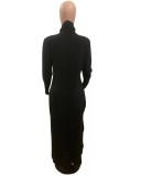 Plus Size Black Side Slit Long Sleeves Long Dress