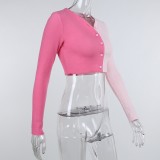 Color Block Button Up Long Sleeve Crop Top