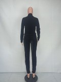 Black Velvet Zipper Open Long Sleeve Top with Pocket and Pants 2PCS Set