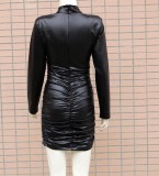 Black Pu Leather Ruched High Neck Long Sleeve Skinny Mini Dress