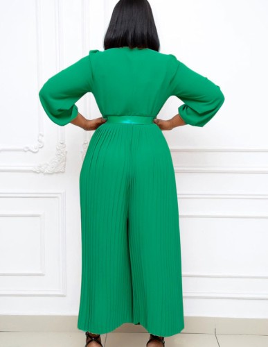 Plus Size Green O-Neck Long SLeeve Wide Leg Pleated Jumpsuit with Belt