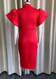 Red Flounce Midi Neck Short Sleeve Midi Skinny Dress