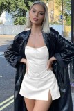 White Pu Leather Sleeveless Bandeau Top And Slit Mini Skirt 2PCS Set