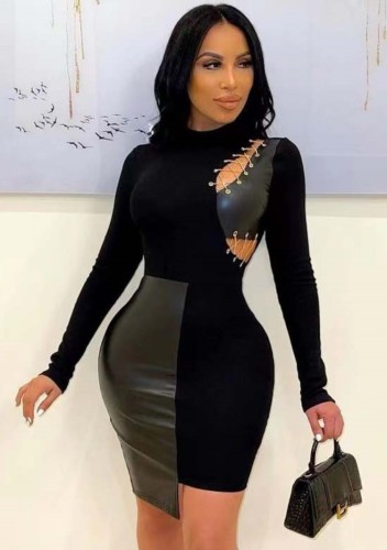 Black Contrast Pu Leather Long Sleeve Irregular Skinny Dress
