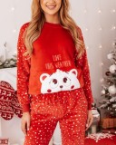 Bear and White Dot Print Red Velvet O-Neck Top And Pant Pajama 2PCS Set