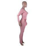 Pink U-Neck Long Sleeves Fitted Jumpsuit with Belt
