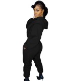 Black Fleece Zipper Up Long Sleeves Hoody Jumpsuit with Pocket