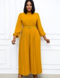 Plus Size Yellow O-Neck Long SLeeve Wide Leg Pleated Jumpsuit with Belt