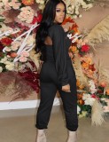 Black Cami Top and Long Sleeve Cape Top with Sweatpants 3PCS Set