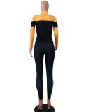 Yellow and Black Contrast Zipper Open Long Sleeve Top And Pant 2PCS Set