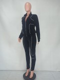 Black Velvet Zipper Open Long Sleeve Top with Pocket and Pants 2PCS Set