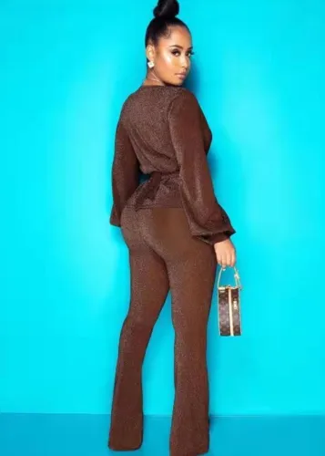 Shiny Brown Deep-V Long Sleeve Top and Straight Pants with Belt 2PCS Set