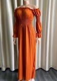 Brown Off Shoulder Lantern Sleeve Wide Leg Pleated Jumpsuit