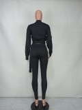 Black Long Sleeve Midi Neck Crop Top and High Waist Pants 2PCS Set