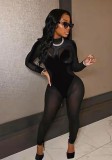 Black Velvet Mesh Patch See Through O-Neck Long Sleeve Jumpsuit