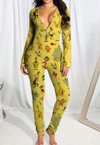 Cute Cartoon Print Button Open Deep-V Long Sleeve Tight Jumpsuit