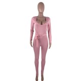 Pink U-Neck Long Sleeves Fitted Jumpsuit with Belt