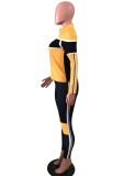 Yellow and Black Contrast Zipper Open Long Sleeve Top And Pant 2PCS Set