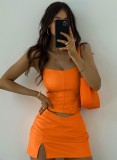 Orange Pu Leather Sleeveless Bandeau Top And Slit Mini Skirt 2PCS Set