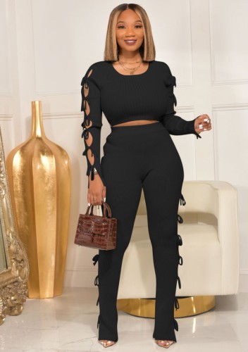 Black O-Neck Hollow Out Backless Knotted Crop Top and Pants 2PCS Set