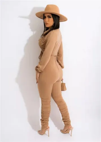 Lt-Khaki Button Long Sleeves Drawstring Crop Top and Stacked Pants 2PCS Set