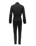 Black Zipper Open Turtleneck Long Sleeve Top And Pant 2PCS Set