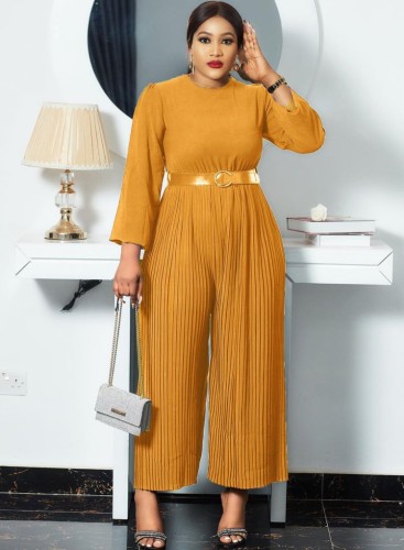 Yellow O-Neck Long Sleeve Wide Leg Pleated Jumpsuit with Belt