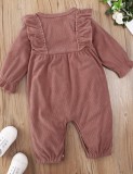 Purple Corduroy Ruffled Button Up Long Sleeve Romper For Girl Baby