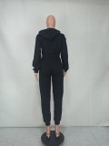 Black Fleece Zipper Up Long Sleeves Hoody Jumpsuit with Pocket