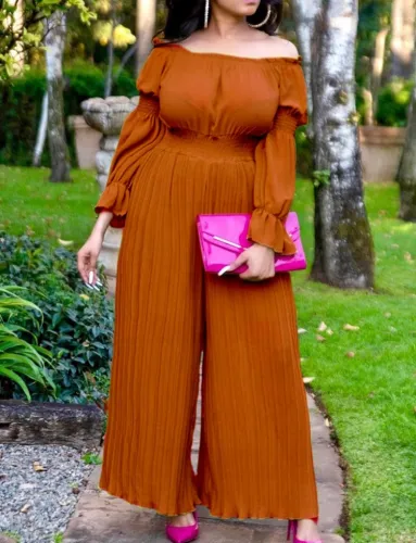 Brown Off Shoulder Lantern Sleeve Wide Leg Pleated Jumpsuit