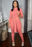 Pink Long Sleeves Side Slit Long Hoody Top and Pants 2PCS Set