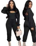 Black Cami Top and Long Sleeve Cape Top with Sweatpants 3PCS Set