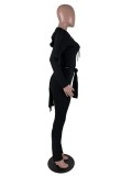 Black Long Sleeves Side Slit Long Hoody Top and Pants 2PCS Set